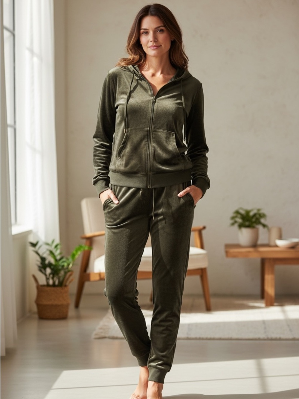 Felina Olive Velour Hoodie & Jogger Set